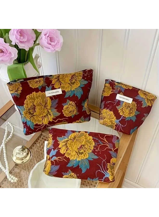 Vintage Floral Large Makeup Bag Vibrant Red Blue Durable Fabric Toiletry Travel Pouch - Image 1