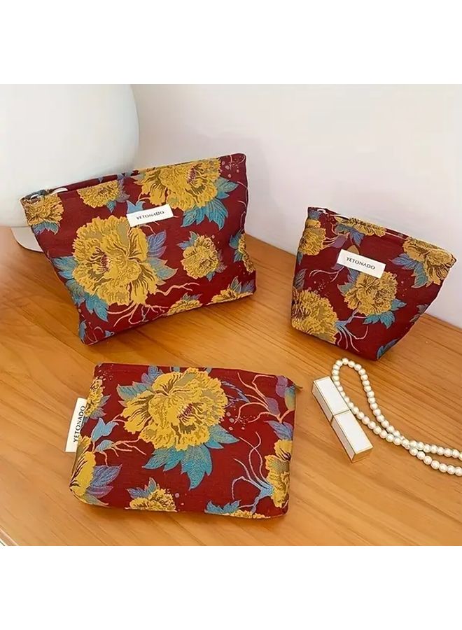 Vintage Floral Large Makeup Bag Vibrant Red Blue Durable Fabric Toiletry Travel Pouch - Image 2
