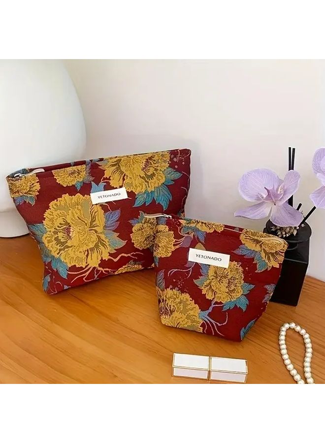 Vintage Floral Large Makeup Bag Vibrant Red Blue Durable Fabric Toiletry Travel Pouch - Image 3