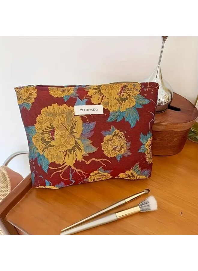 Vintage Floral Large Makeup Bag Vibrant Red Blue Durable Fabric Toiletry Travel Pouch - Image 5