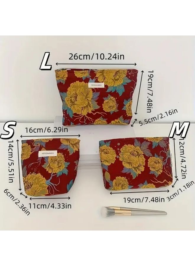 Vintage Floral Large Makeup Bag Vibrant Red Blue Durable Fabric Toiletry Travel Pouch - Image 4