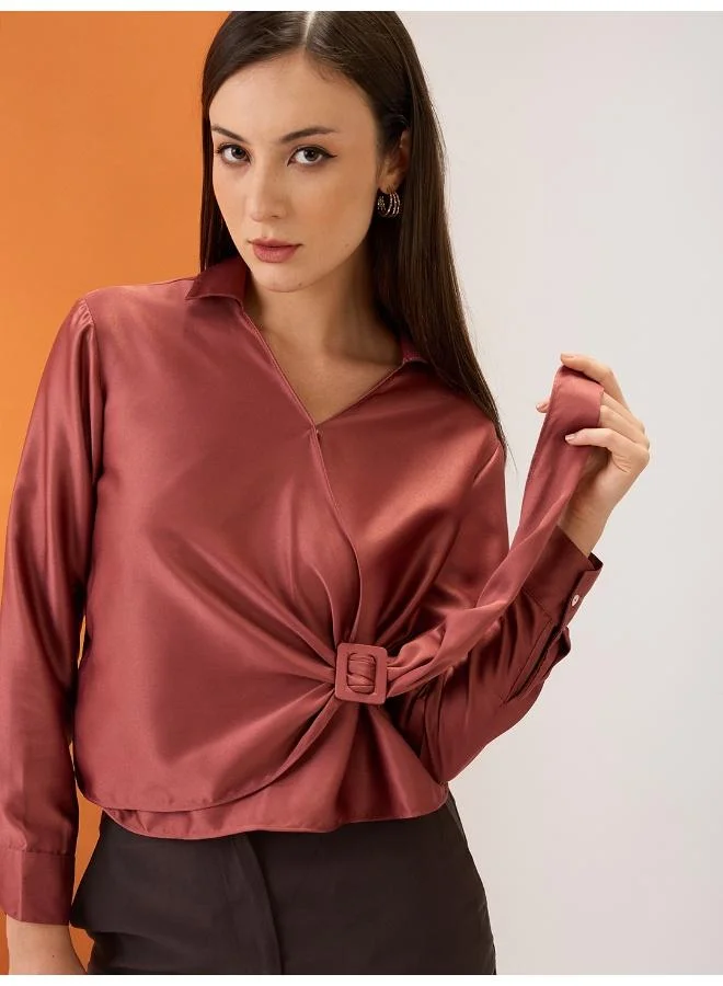 globus Globus Women Pink Solid Shirt Collar Cuffed Sleeves Twisted Buckle Detail Shirt Style Party Top