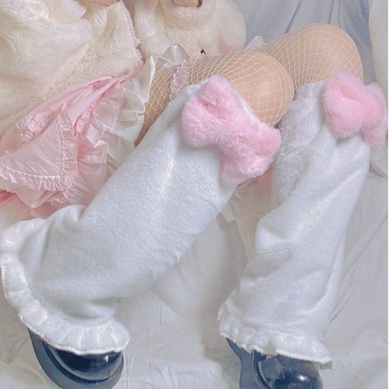 Japanese Sweet Lolita Leg Warmers Cute Bowknot Fluffy White 