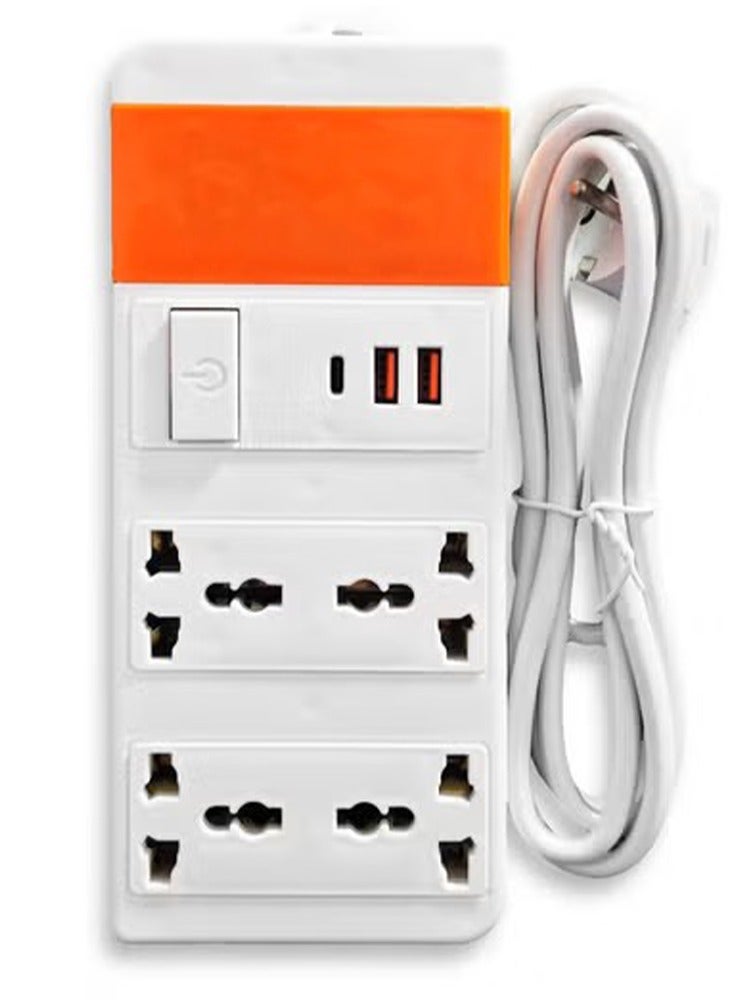 المغربي شريط طاقة عالمي بأربعة منافذ، 2 محول شاحن USB و1 من النوع C، سلك قوي ومرن لتشغيل الأجهزة الكهربائية، 2500 وات، سعة 220 فولت، تصميم عملي للتعامل مع الاستخدام اليومي ودعم ما يصل إلى 4 أجهزة في نفس الوقت، مثالي للمكاتب وغرف النوم وطاولات الاجتماعات وأجهزة الكمبيوتر، مادة بلاستيكية ABS متينة ومقاومة، عالية الجودة، أقدام غير قابلة للانزلاق - Image 1