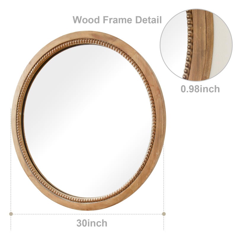sawsile Round Wood Mirror,30 inch Circle Rustic Farmhouse Natural Wooden Frame Boho Beads Wall Mirror for Bathroom,Living Room,Bedroom or Entryway - Image 2