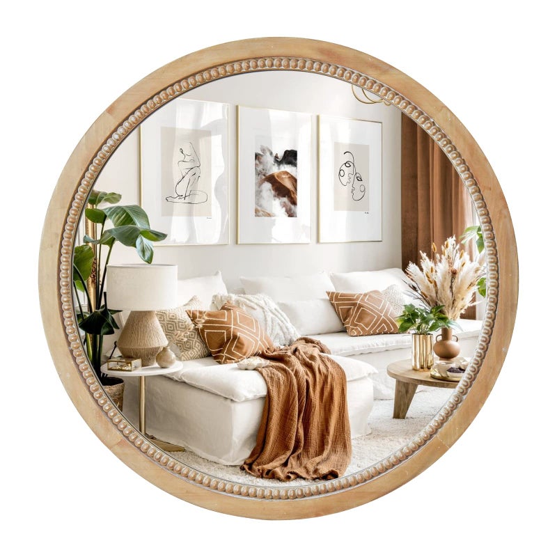 sawsile Round Wood Mirror,30 inch Circle Rustic Farmhouse Natural Wooden Frame Boho Beads Wall Mirror for Bathroom,Living Room,Bedroom or Entryway - Image 1