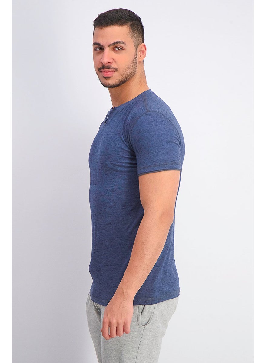 Company Eighty One - Men Heather Print Short Sleeve Split Neck T-shirt, Navy - Image 1