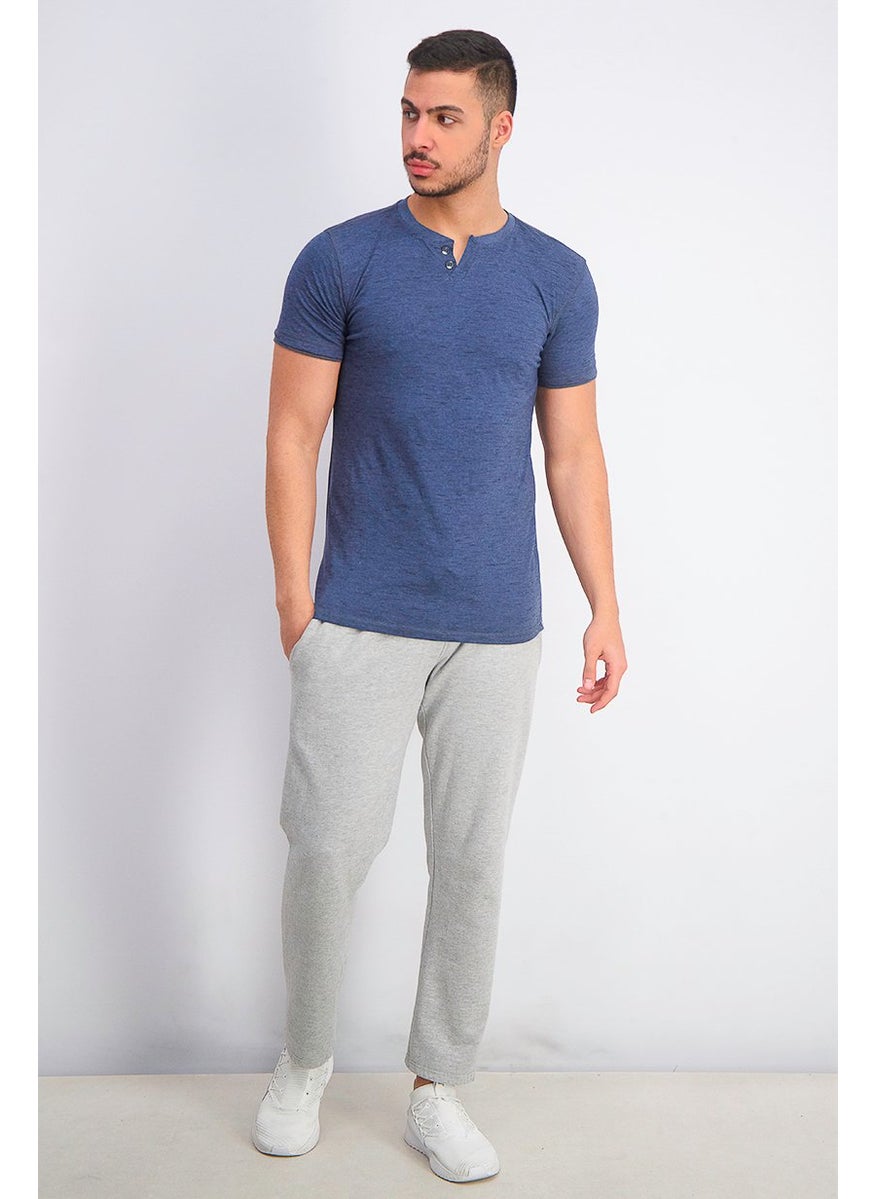 Company Eighty One - Men Heather Print Short Sleeve Split Neck T-shirt, Navy - Image 1