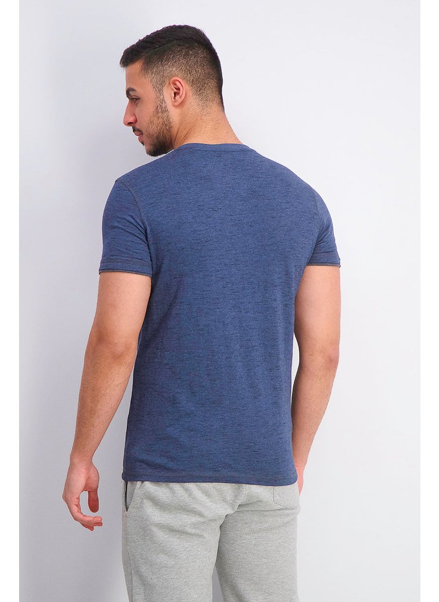 Company Eighty One - Men Heather Print Short Sleeve Split Neck T-shirt, Navy - Image 1
