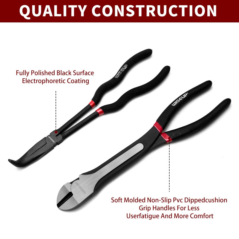 WISEUP 5Pcs Long Needle Nose Pliers Set ï¼ŒPremium Carbon Steelï¼Œ11" Long Reach Straight ï¼Œ45Â° Bent Nose ï¼Œ90Â° Bent Nose Plierï¼ŒDiagonal Pliers for Narrow Spaces - Image 4