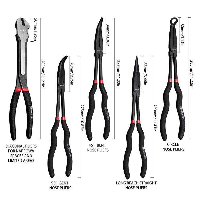 WISEUP 5Pcs Long Needle Nose Pliers Set ï¼ŒPremium Carbon Steelï¼Œ11" Long Reach Straight ï¼Œ45Â° Bent Nose ï¼Œ90Â° Bent Nose Plierï¼ŒDiagonal Pliers for Narrow Spaces - Image 3