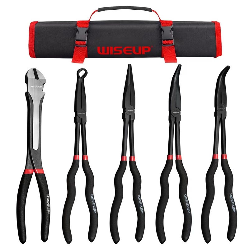 WISEUP 5Pcs Long Needle Nose Pliers Set ï¼ŒPremium Carbon Steelï¼Œ11" Long Reach Straight ï¼Œ45Â° Bent Nose ï¼Œ90Â° Bent Nose Plierï¼ŒDiagonal Pliers for Narrow Spaces - Image 1