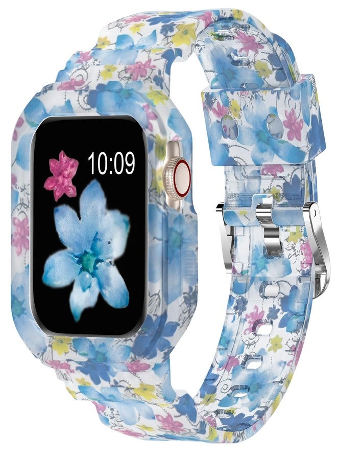 XYF Compatible for Crystal Clear Apple Watch Ultra 3 2 Bands 49mm, Bumper Case for Men Women Jelly Sport Cover Strap for iWatch Ultra 3 2 Series 11 10 9 8 7 SE 6 5 4 3 (Floral Blue, 49) - Image 1