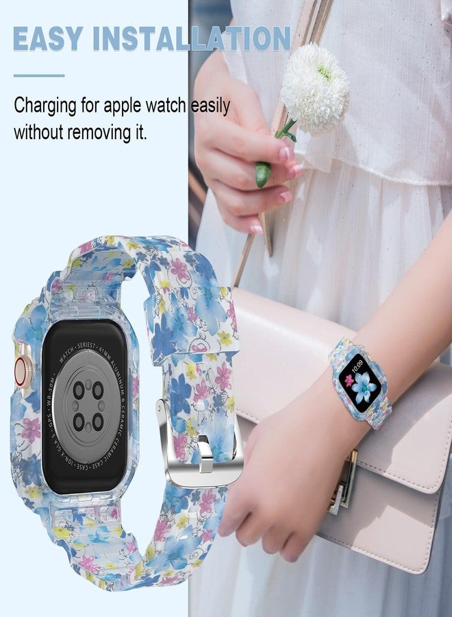 XYF Compatible for Crystal Clear Apple Watch Ultra 3 2 Bands 49mm, Bumper Case for Men Women Jelly Sport Cover Strap for iWatch Ultra 3 2 Series 11 10 9 8 7 SE 6 5 4 3 (Floral Blue, 49) - Image 5