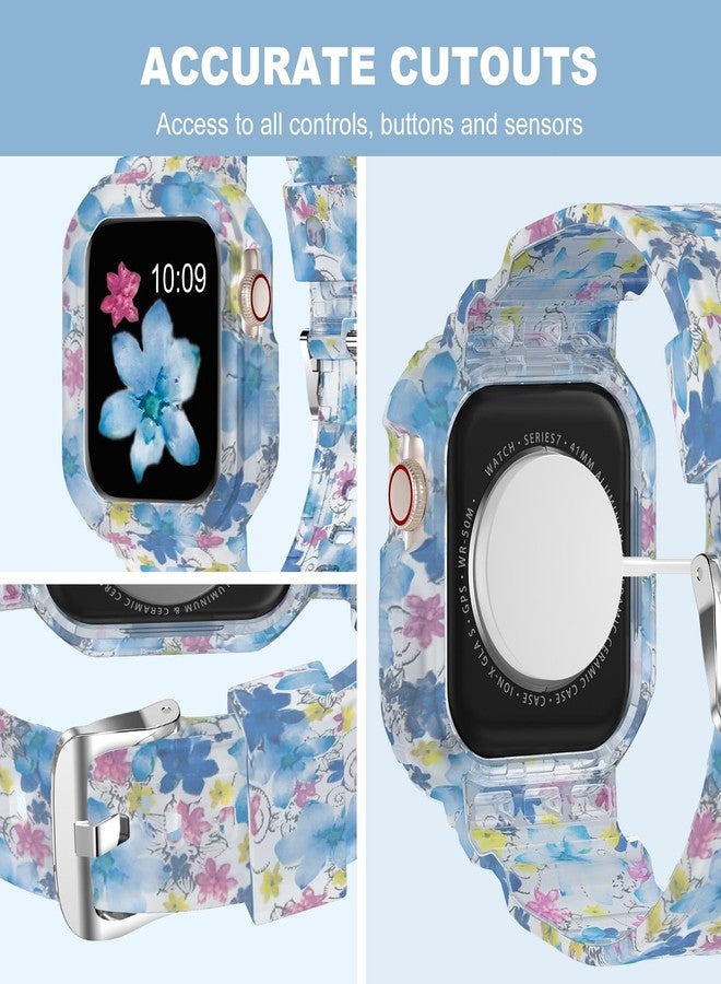 XYF Compatible for Crystal Clear Apple Watch Ultra 3 2 Bands 49mm, Bumper Case for Men Women Jelly Sport Cover Strap for iWatch Ultra 3 2 Series 11 10 9 8 7 SE 6 5 4 3 (Floral Blue, 49) - Image 4