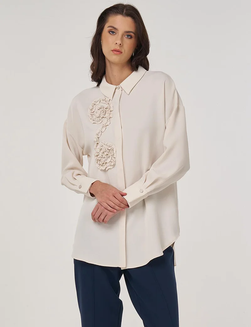 Kayra Appliquéd Off-Shoulder Tunic in Cream