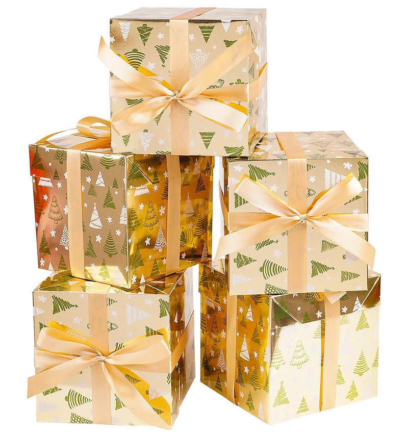 Jaywayang 5 Pack Gold Christmas Gift Boxes with Lids Ribbons and Tissue Papers Square Gift Boxes 71 Inch Presents Wrapping Christmas Gift Holiday New Year Party Favor Boxes - Image 2