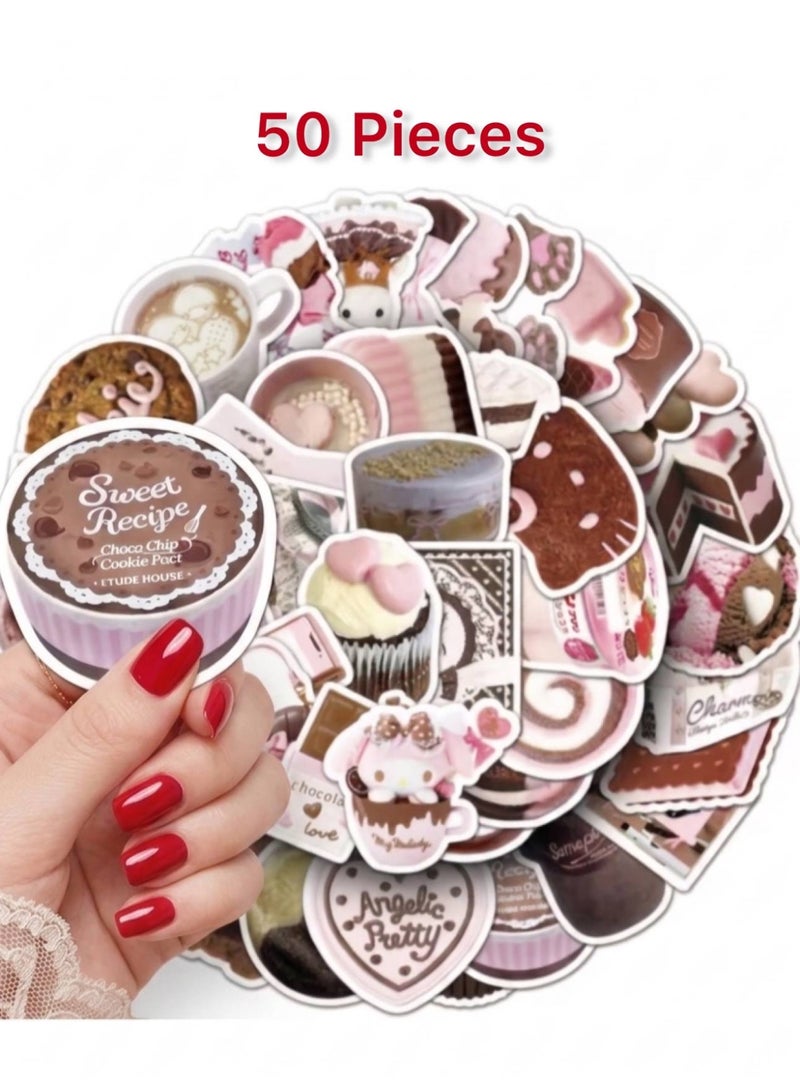 Aura Style 50-Piece Kawaii Dessert & Coquette Sticker Pack for Girls Pink and Brown Aesthetic Decals for Laptops and Planners - Image 2
