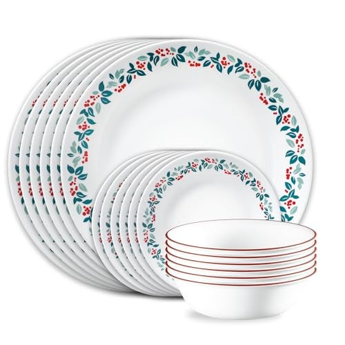 Corelle Vitrelle 18-Piece Christmas Service for 6 Dinnerware Set, Triple Layer Glass and Chip Resistant, Lightweight Round Holiday Plates and Bowls Set, Winter Berries - Image 1