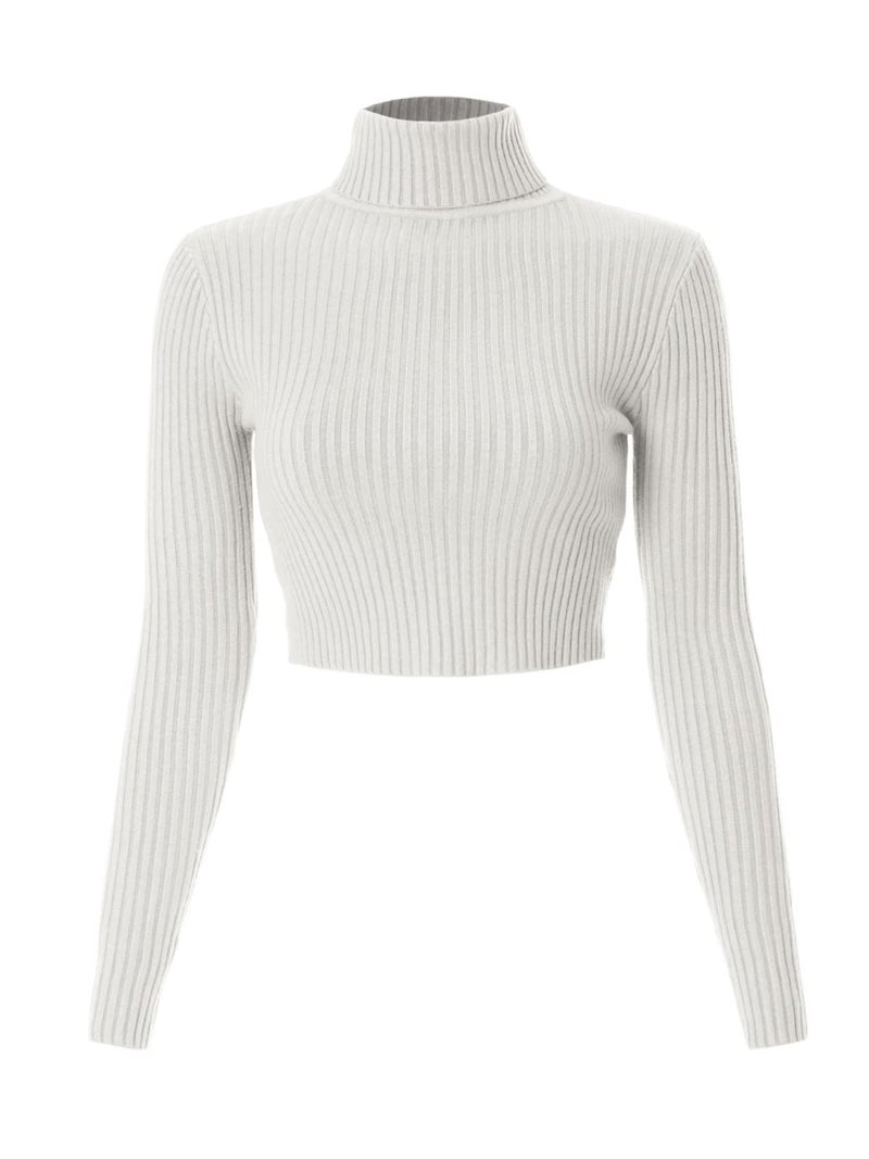 MixMatchy Women's Casual Turtleneck Long Sleeve Ribbed Sweaters Cropped Slim Fitted Knit Top White L - Image 1