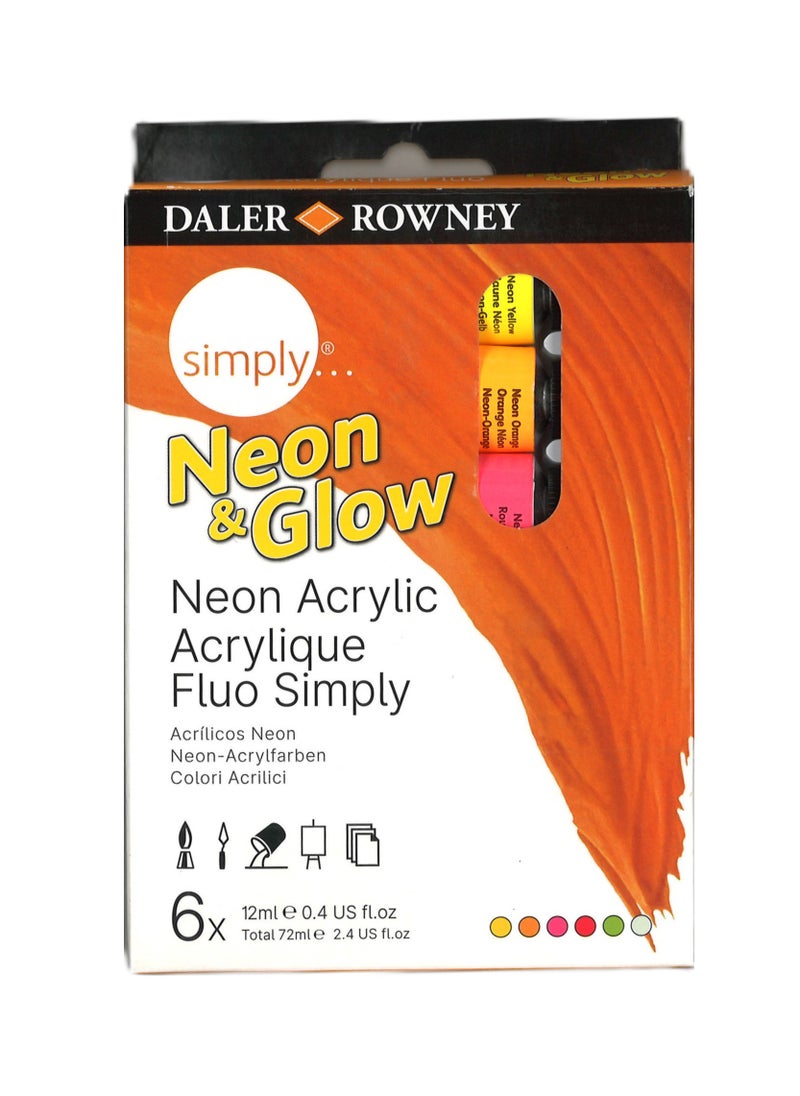 Daler Rowney 6-Piece Simply Acrylic Colour Tube Set 12ml Content Neon Colours  - Image 1
