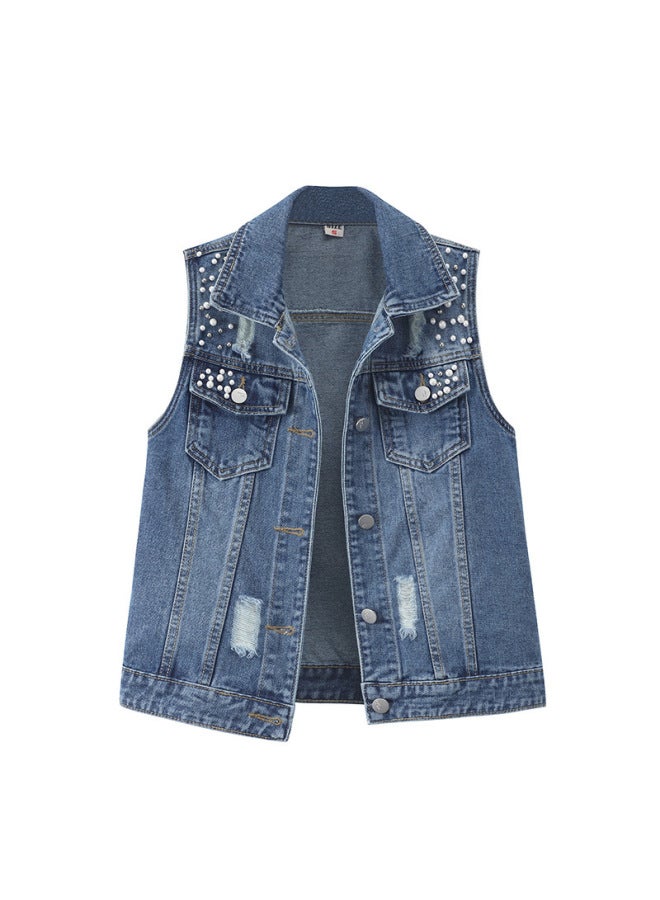 2021 Spring Korean-style All-match Beaded Denim Vest Women's Loose Distinctive Fashion Vest Waistcoat 