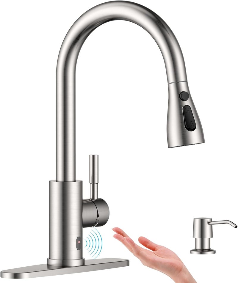 APPASO Touchless Kitchen Faucet with Pull-Down Sprayer, Kitchen Sink Faucet Touchless Brushed Nickel, Single Handle Hands-Free Motion Sensor Faucets Suitable for 1 or 4-Hole Sink, Stainless Steel - Image 1