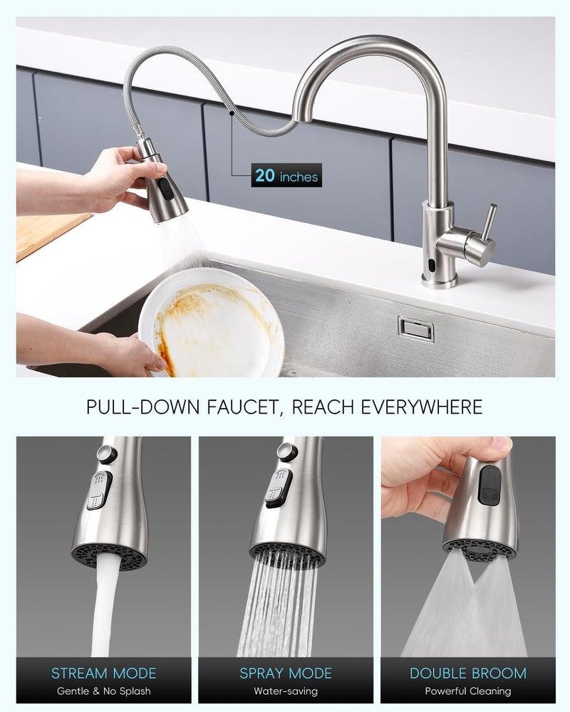 APPASO Touchless Kitchen Faucet with Pull-Down Sprayer, Kitchen Sink Faucet Touchless Brushed Nickel, Single Handle Hands-Free Motion Sensor Faucets Suitable for 1 or 4-Hole Sink, Stainless Steel - Image 3