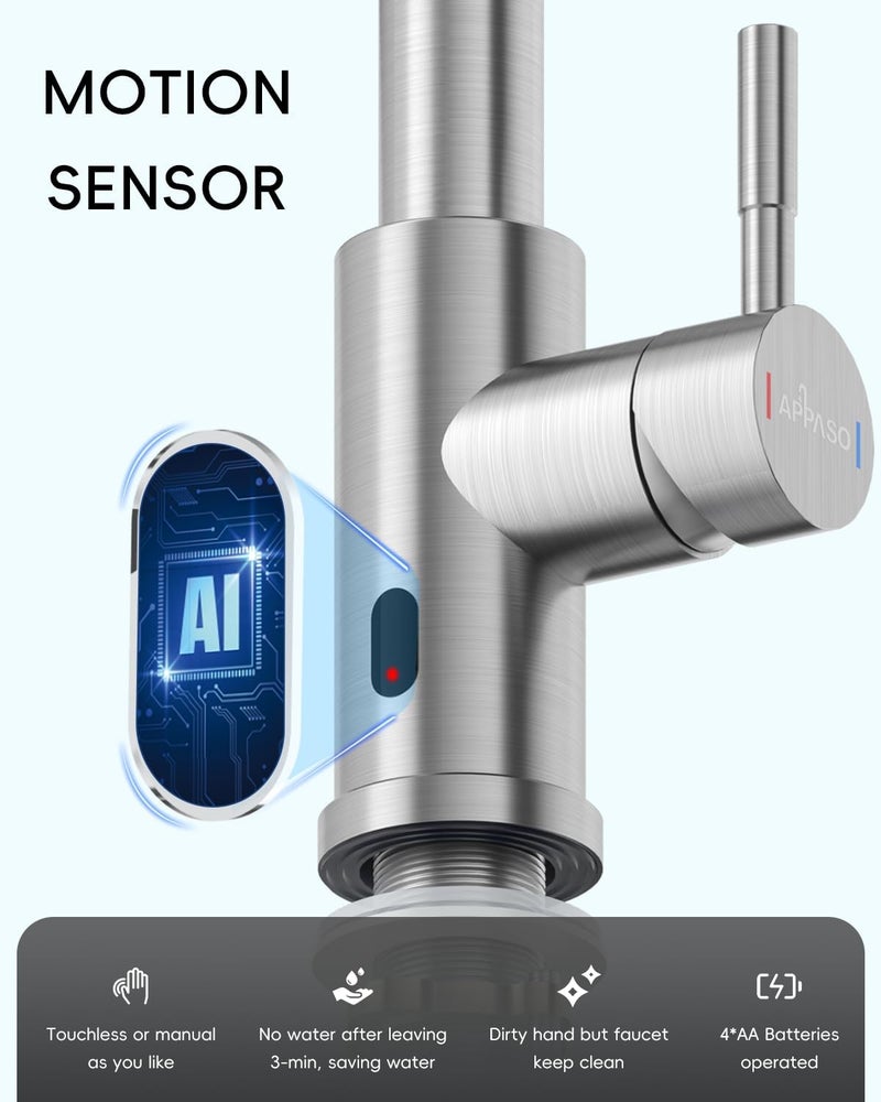 APPASO Touchless Kitchen Faucet with Pull-Down Sprayer, Kitchen Sink Faucet Touchless Brushed Nickel, Single Handle Hands-Free Motion Sensor Faucets Suitable for 1 or 4-Hole Sink, Stainless Steel - Image 2