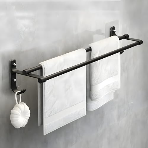 MorivaHomes Self-Adhesive Wall Mounted Aluminium Double Rod Towel Bar with Hook Bathroom Towel Holder/Bathroom Accessories (50CM)(Black, Pack of 1) - Image 1