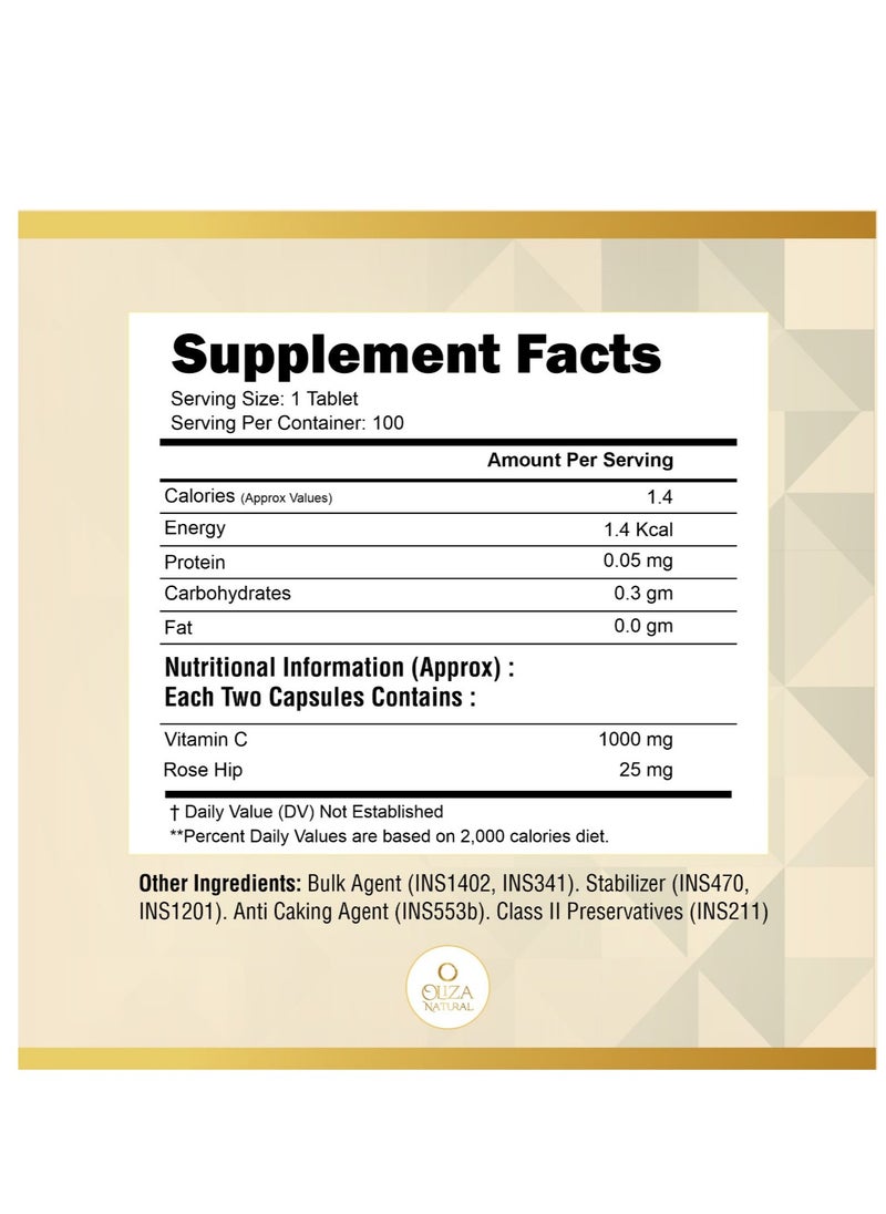 Oliza Natural Vitamin C 1000mg With Rose Hip 100 Tablets Immune and Antioxidant Support  - Image 2