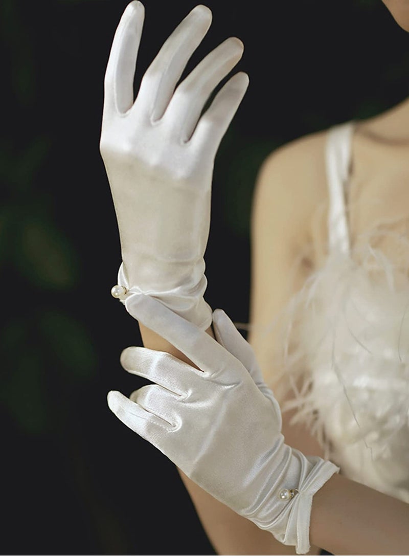 SYOSI Women Short Satin Gloves, Wedding Bride Elegant Wrist Length Gloves, 2Pcs Pearl Design Opera Gloves for Evening Party Prom Wedding Decoration Black and White - Image 4