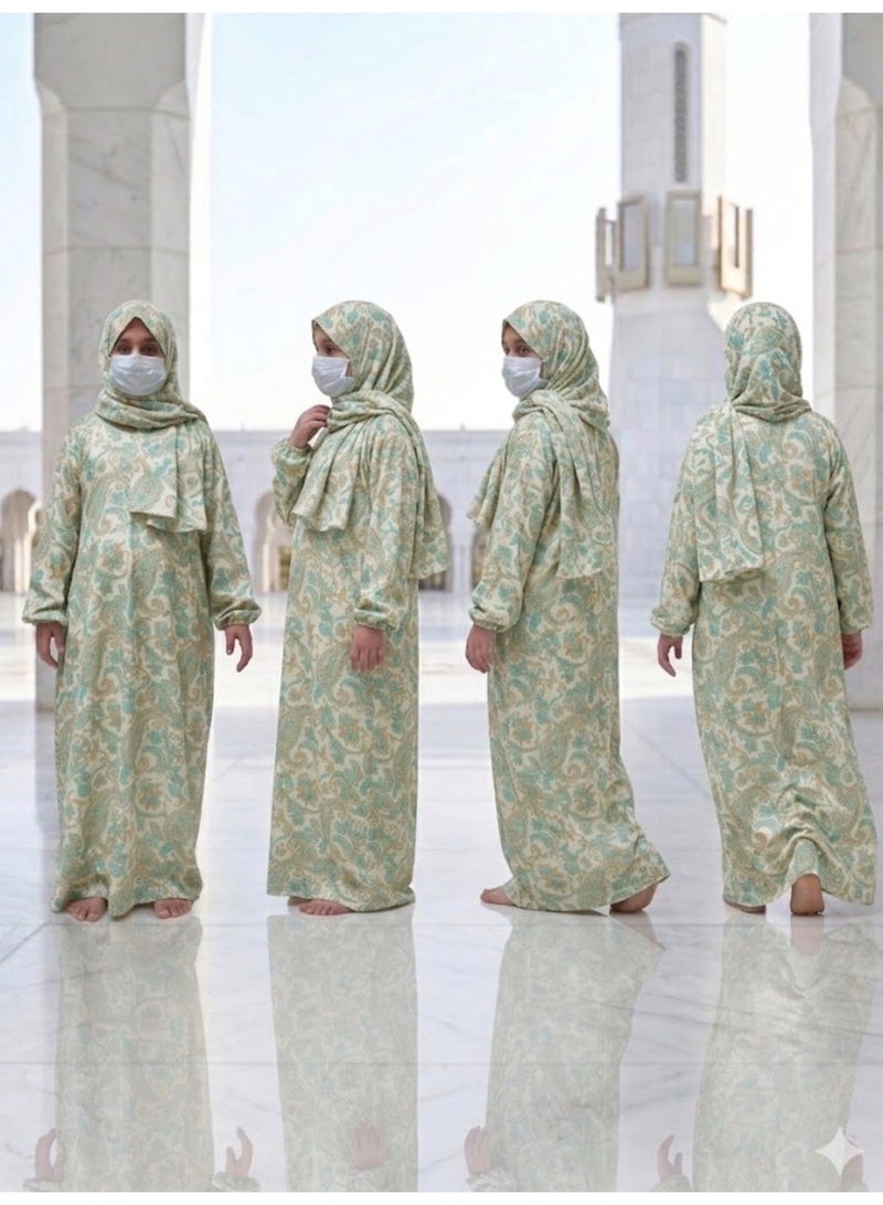 أمياي طقم صلاة للبنات مع الحجاب – لباس صلاة محتشم للبنات بطبعة زهور | جلباب صلاة للبنات (ألوان ونقوش عشوائية) - Image 2