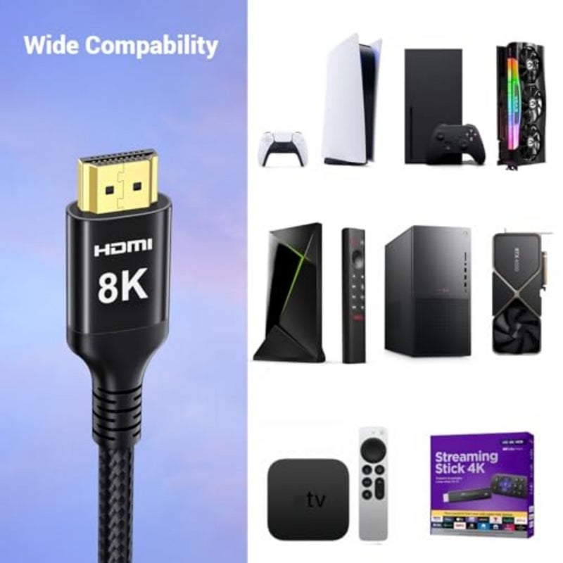 كابل 10K 8K 4K HDMI 2.1، كابل HDMI عالي السرعة 48 جيجابت في الثانية 4K 240 هرتز 165 هرتز 120 هرتز 8K 60 هرتز 10 كيلو HDMI سلك مضفر من الرصاص HDCP 2.2 Dolby Atmos eARC HDR لشاشات الألعاب HDTV Soundbar - Image 5