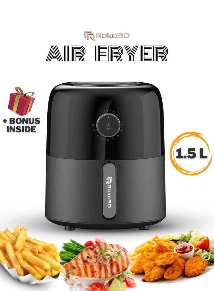 Roko3D Air Fryer ROKO 3D One-Move Time Setting with Innovative Technology| Deep Fryer for Fast & Healthy Cooking, Oil-Free Meals, Easy Clean Nonstick 1.5L Basket | Bonus Recipe Book Included