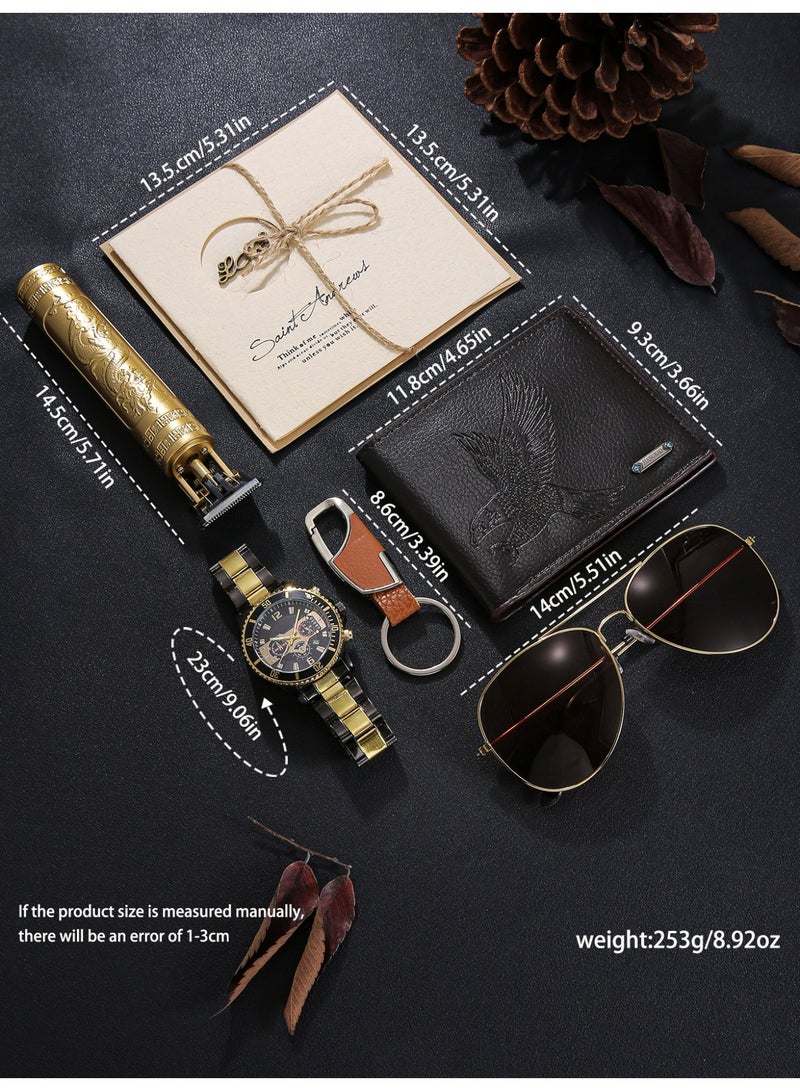 رجل جديد أزياء الفولاذ المقاوم للصدأ ووتش مجموعة ، مع محفظة ، تصفيف الشعر ، وسلاسل المفاتيح ، والنظارات الشمسية ، هدية مثالية لعيد ميلاده - Image 3
