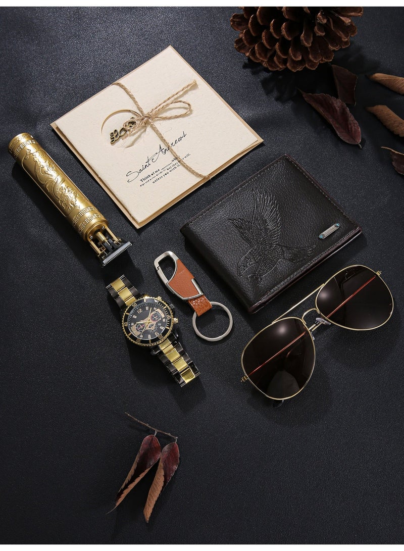 رجل جديد أزياء الفولاذ المقاوم للصدأ ووتش مجموعة ، مع محفظة ، تصفيف الشعر ، وسلاسل المفاتيح ، والنظارات الشمسية ، هدية مثالية لعيد ميلاده - Image 2