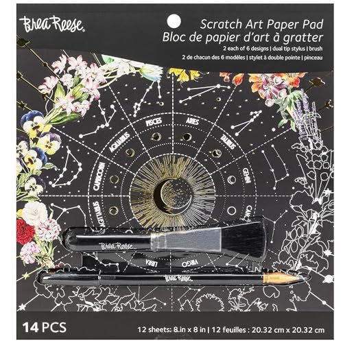 Brea Reese Scratch Art Paper Pad Whimsical Celestial 12 Designs 8x8 Pages Metallic Guided Art Kit Adult Craft Activity Mindful Relaxation - Image 1