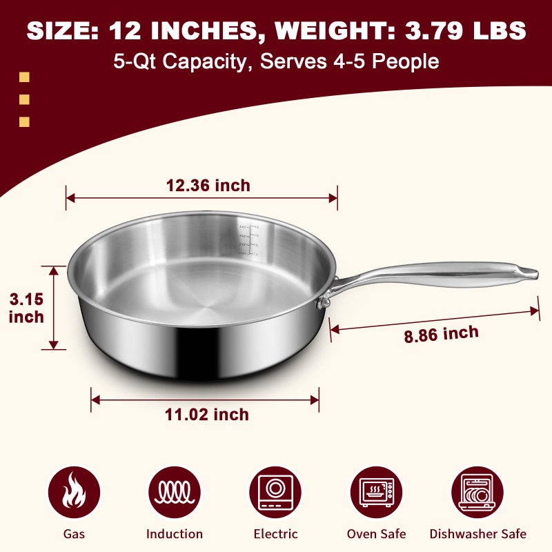 EWFEN 12 Inch Tri-Ply Stainless Steel Frying Pan, Compatible with All Cooktops Up to 600â„‰, Large Frying Pan Induction-Ready Skillet, Dishwasher and Oven Safe, Even Heat - Image 3