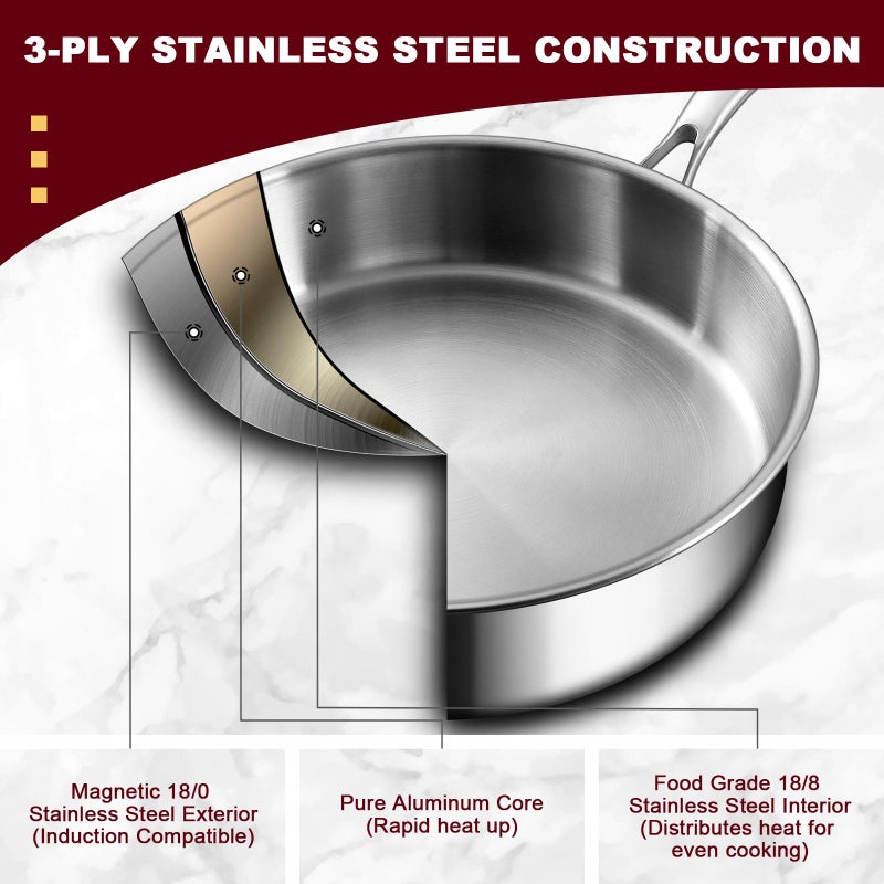 EWFEN 12 Inch Tri-Ply Stainless Steel Frying Pan, Compatible with All Cooktops Up to 600â„‰, Large Frying Pan Induction-Ready Skillet, Dishwasher and Oven Safe, Even Heat - Image 4