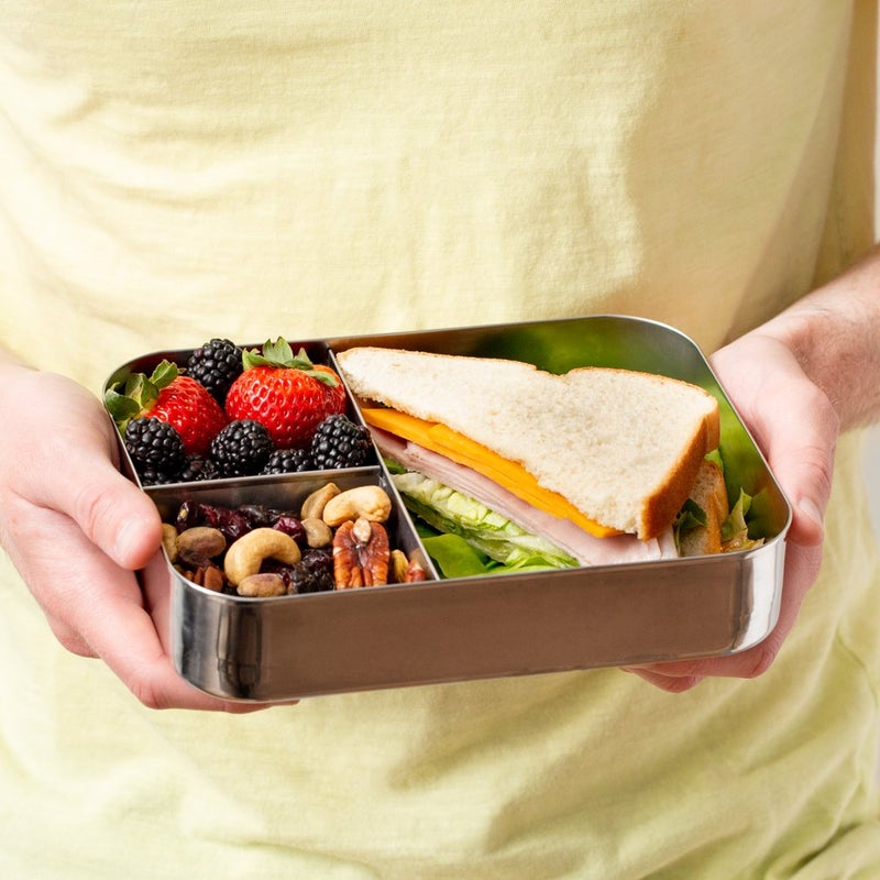 LunchBots حاوية غداء LunchBots الكبيرة ثلاثية الأقسام من الفولاذ المقاوم للصدأ - تصميم ثلاثي الأقسام للسندويشات وطبقين جانبيين - صندوق غداء معدني - صديق للبيئة - غطاء فولاذي - نقاط خضراء - Image 4