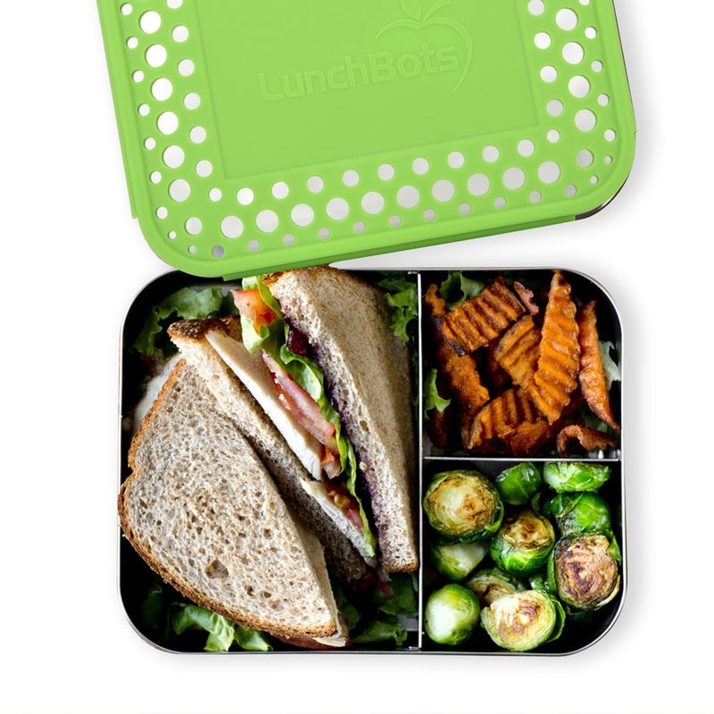 LunchBots حاوية غداء LunchBots الكبيرة ثلاثية الأقسام من الفولاذ المقاوم للصدأ - تصميم ثلاثي الأقسام للسندويشات وطبقين جانبيين - صندوق غداء معدني - صديق للبيئة - غطاء فولاذي - نقاط خضراء - Image 5