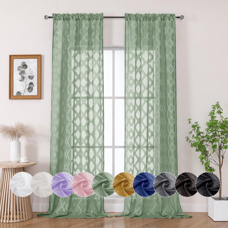 OWENIE OWENIE Green Sheer Curtains Tier 36 Inch Length 2 Panels Set  Elegant Clip Short Curtains for Small Window  Light Filtering Geometric Jacquard Textured Short Curtains for Windows  42x36 Inches - Image 2