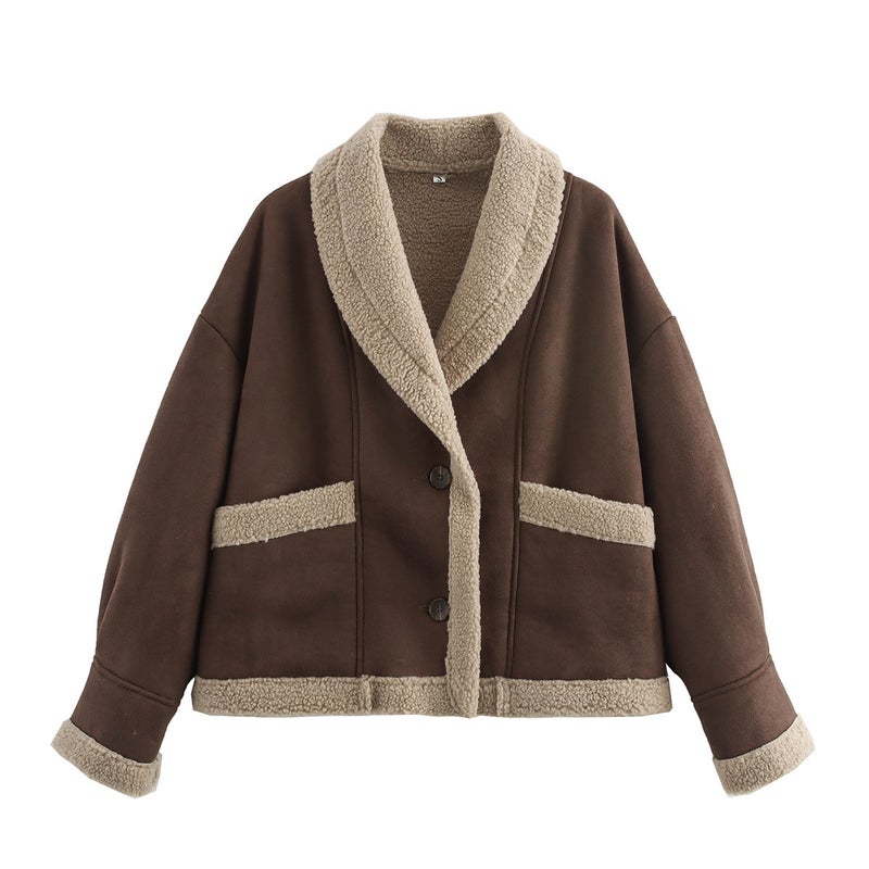 Cross-border womens clothing wholesale 2024 autumn and winter American retro woolen coat lapel loose fur coat women Maroon 