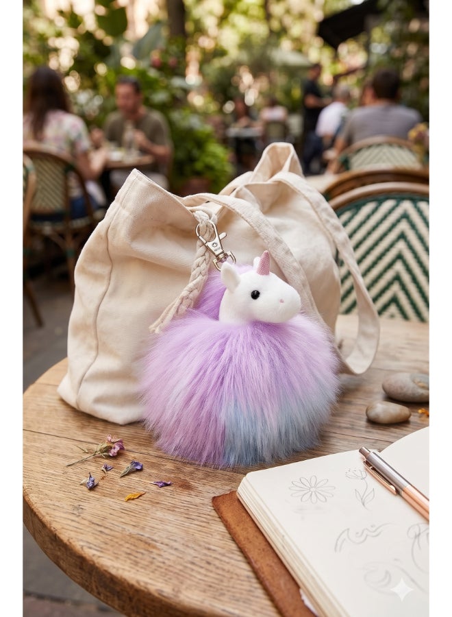 Aurora Sparkle Tales Fluffy Unicorn Keychain, Soft Plush Unicorn Bag Charm with Clip, Cute Rainbow Fantasy Keyring for Kids and Girls, Pink and Purple - Image 2