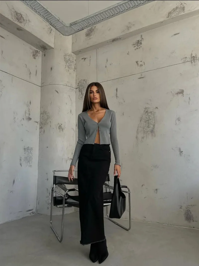 HICCUP Solid V Neck Cropped Cardigan