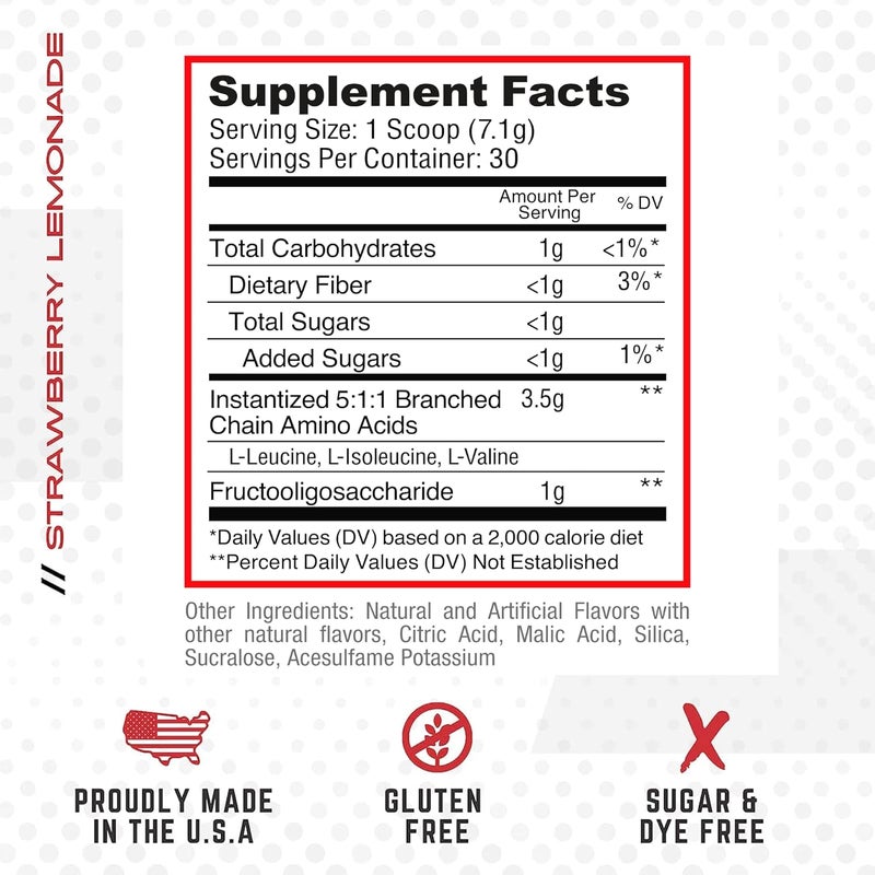 Purus Labs Everyday Amino BCAA Powder  Amino Acids for Muscle Hydration  Recovery  Sugar Free  Gluten Free  30 Servings Strawberry Lemonade - Image 3