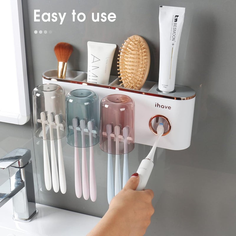 iHave Toothbrush Holders Bathroom Accessories with Toothpaste Dispenser, 3 Cups Toothbrush Holder Wall Mounted Bathroom Decor - Image 3
