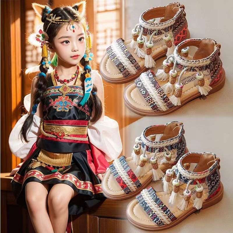 Genuine Leather Girls Ethnic Style Sandals Little Girl'S Holiday Shoes Roman Shoes 2024 Children'S Beach Shoes - Image 3