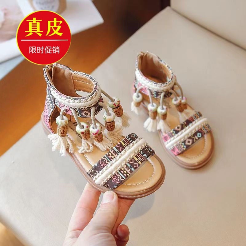 Genuine Leather Girls Ethnic Style Sandals Little Girl'S Holiday Shoes Roman Shoes 2024 Children'S Beach Shoes - Image 2